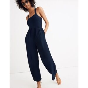 Madewell Womens Smocked Crop Wide Leg Jumpsuit Navy Blue Size‎ 8